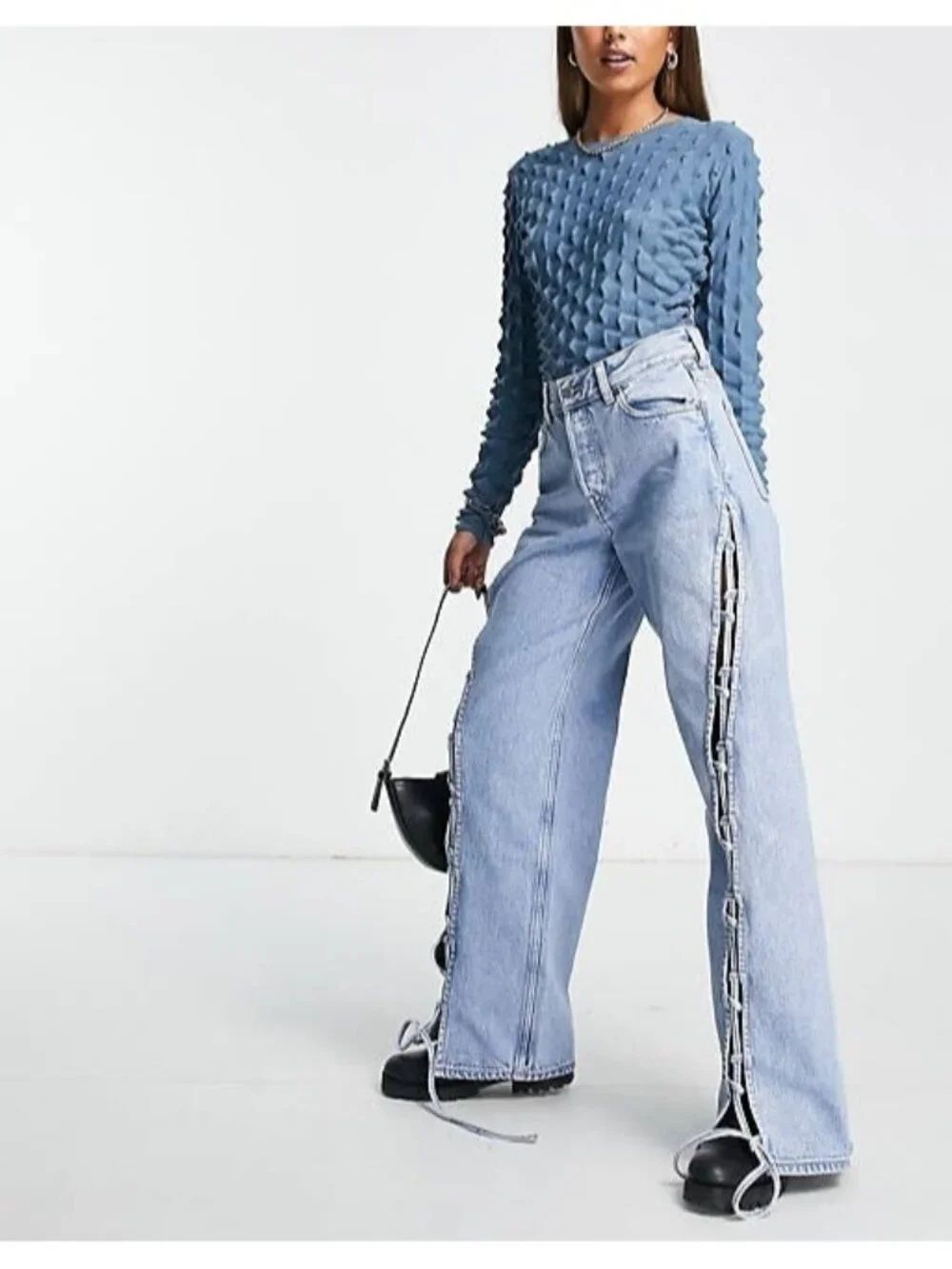 Atelier & Other Stories Lace Up Cut Out Jeans 28 Light Wash Wide Leg High Rise